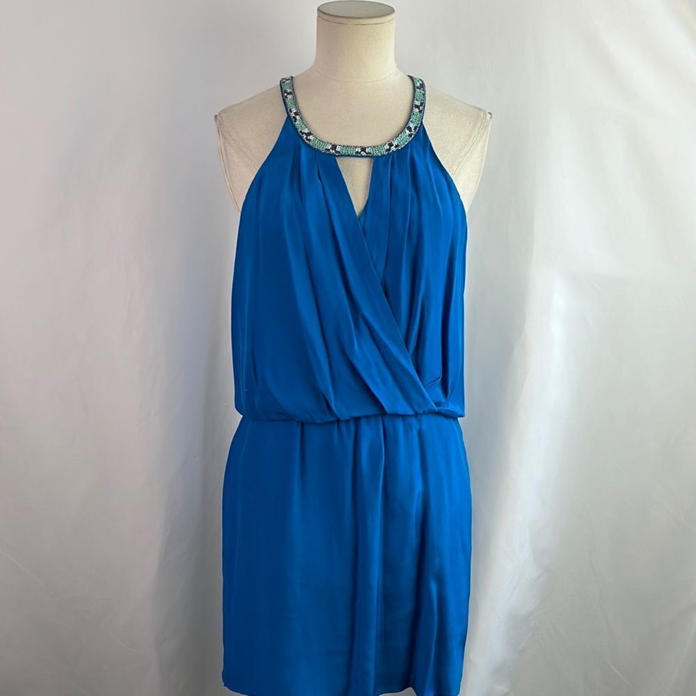 Madison Marcus Cobalt Silk Beaded Neck Wrap Front MIDI